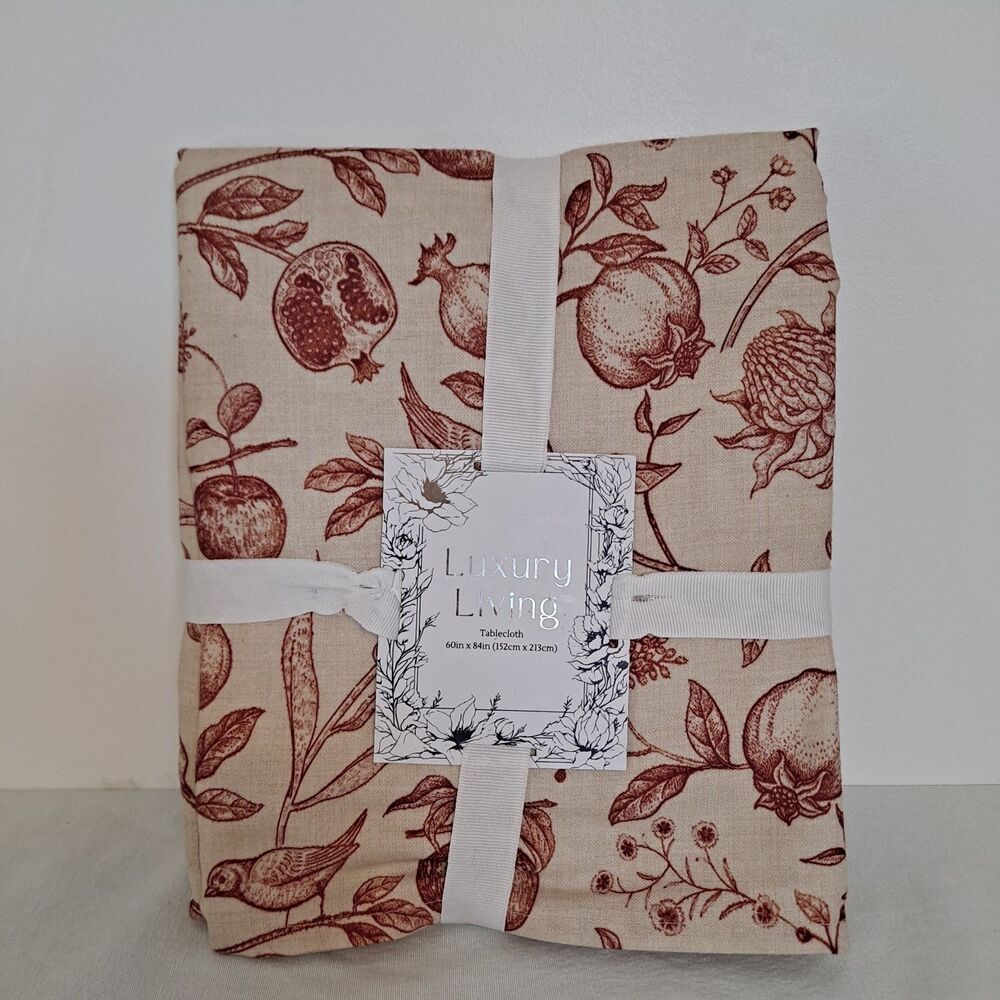 Luxury Living Tablecloth 60" X 84" Pomegranate Print Beige Burgundy